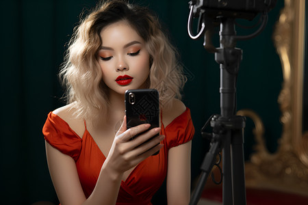 红裙美女拿着手机背景图片