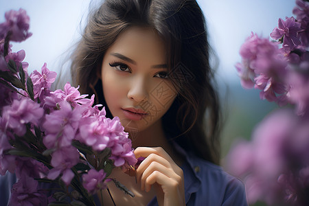 女子手持紫色花朵背景图片