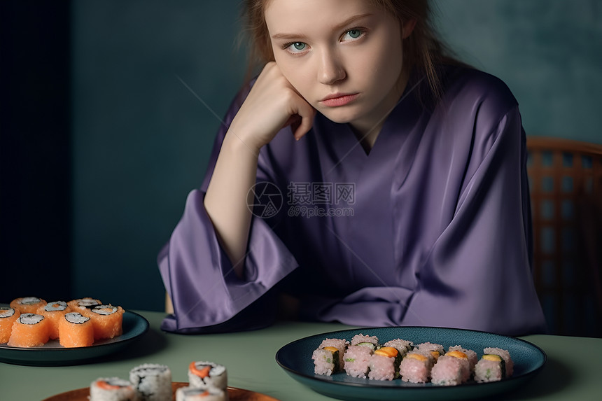 女子坐在寿司盘旁图片