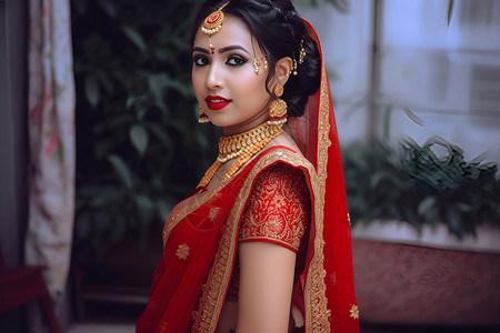 印度新娘红金锦衣佳人背景