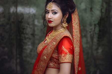 印度新娘红金纱丽人背景