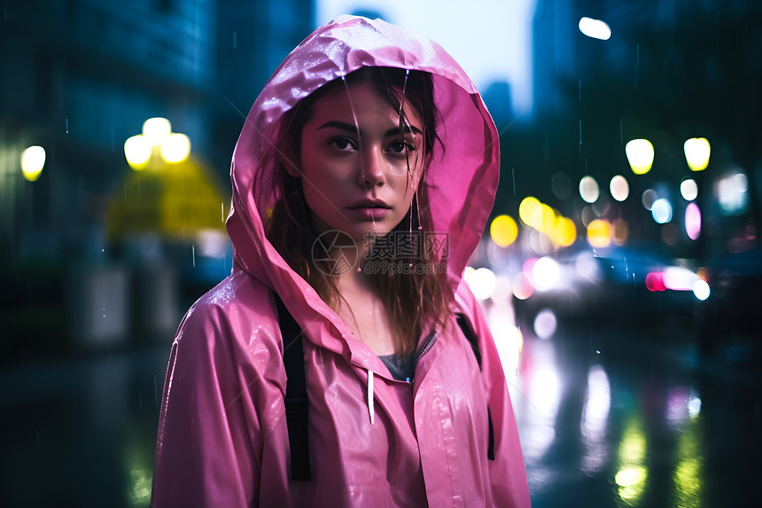 夜雨中戴粉色雨衣的女子图片