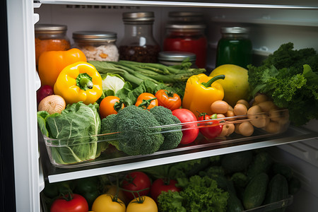 冷冻蔬菜冰箱中的美食背景