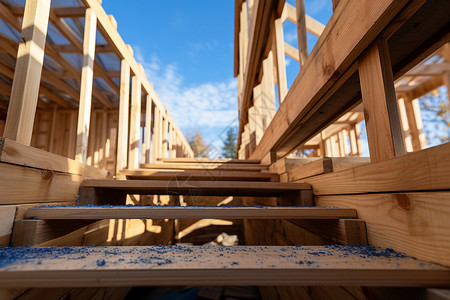 蓝天下的木制楼梯背景图片