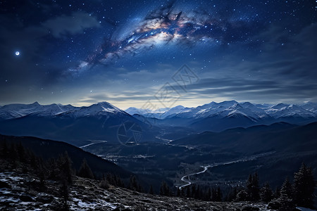 城市雪山银河映照雪山的夜景背景