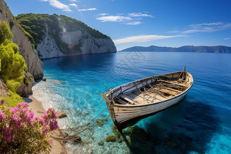 海上的木船清澈大海上的一搜木船背景