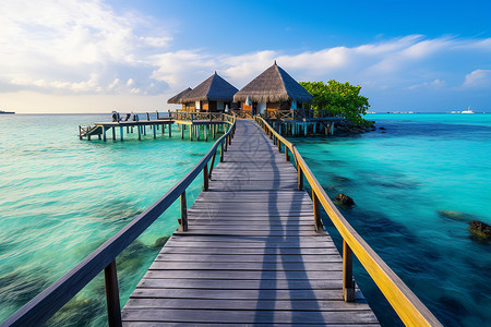 热带岛屿上的码头小屋背景图片