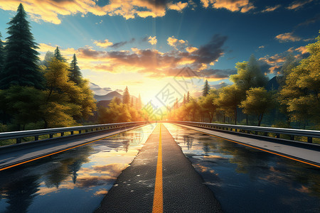 日出的公路美景背景图片