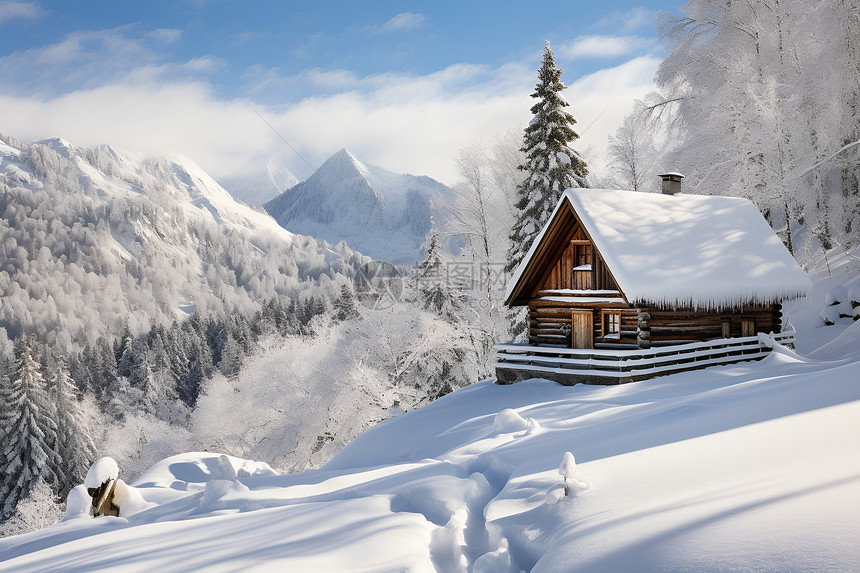 冬季户外的木屋建筑图片