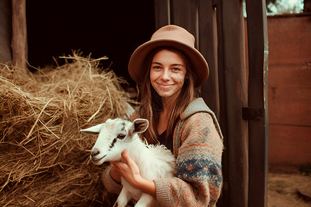 女士抱着小羊羔背景图片