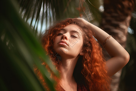 女子静立在棕榈树旁背景图片