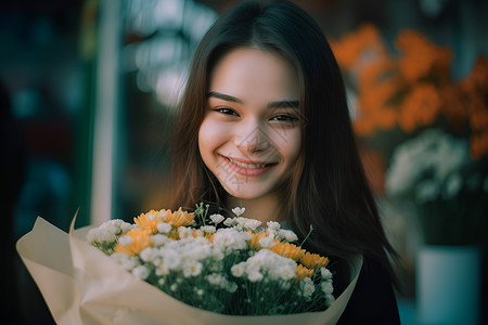 拿着花束欢乐的女孩背景图片