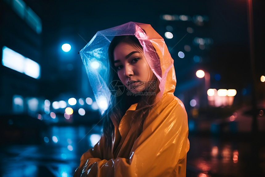 夜幕下的雨衣女孩图片