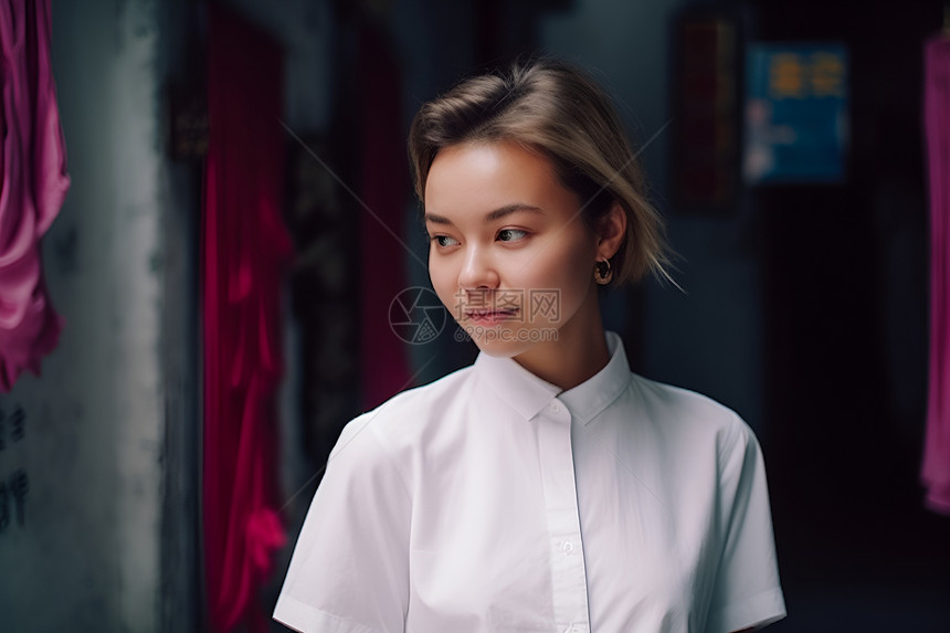 户外微笑的短发女孩图片