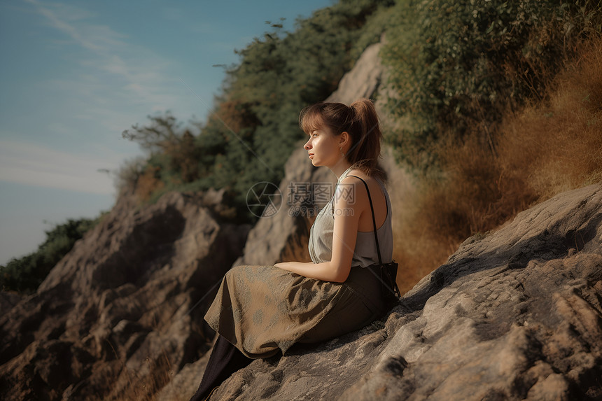 悬崖岩石上的女性图片