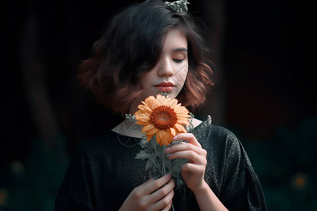 女人手持鲜花背景图片