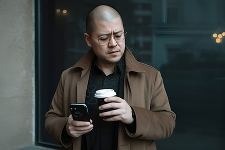男士拿着手机和咖啡杯背景图片