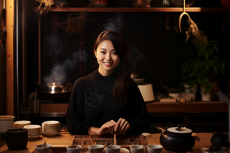 茶桌边煮茶的女人背景图片