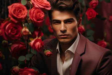 红玫瑰旁的男人背景图片
