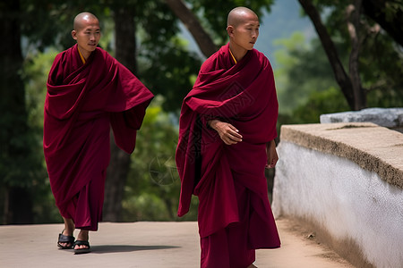 两位身穿红色僧袍的僧侣背景图片