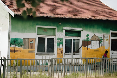 绿白相间的木屋背景图片