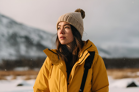 女人站在雪地中背景图片