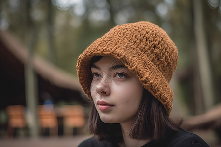 针织帽子女人戴着棕色针织帽背景