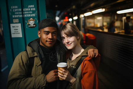 异国情侣共饮咖啡背景图片