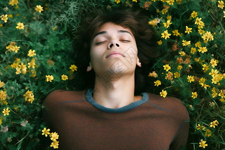 青年躺在花草丛中背景图片