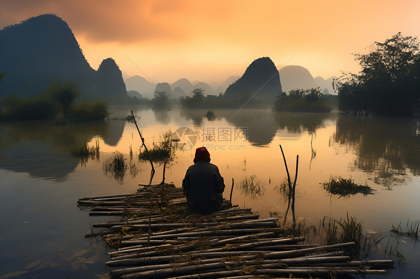 夕阳下静坐竹上的人图片