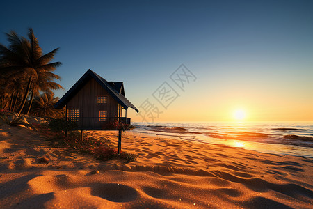 小屋建筑海边日落下的度假屋背景