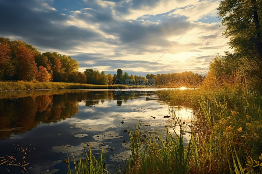 湖畔秋色美景图片