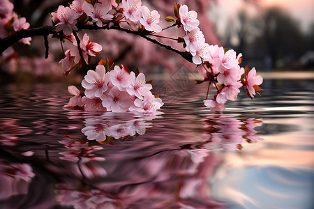 樱花倒映在水面上背景图片