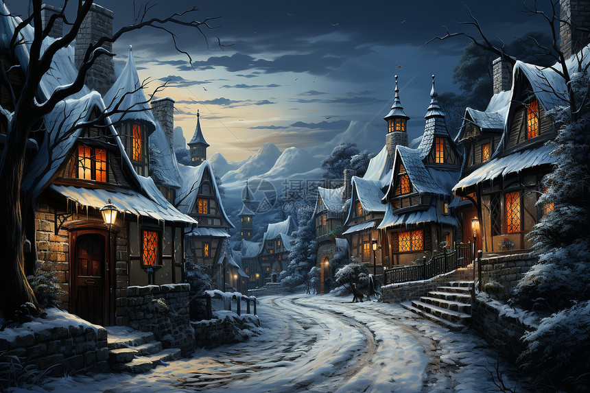 冬日童话村中的景色图片