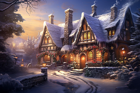 圣诞小镇浪漫雪夜中的温馨小屋插画
