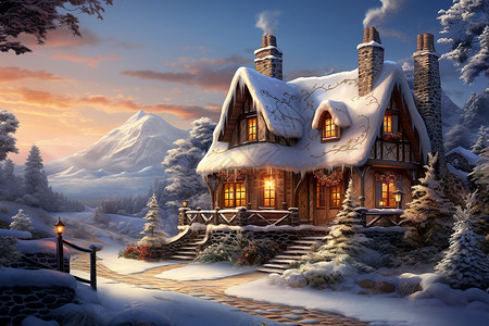 圣诞风景冬日温馨小屋插画