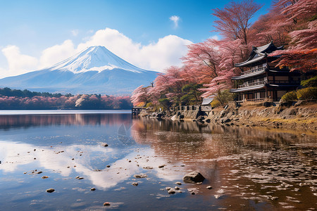 日本美景富士山前湖泊美景背景