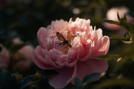 牡丹花朵上的蝴蝶昆虫背景图片
