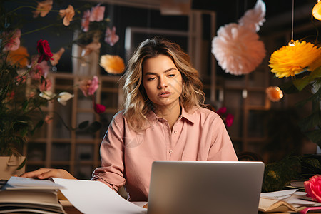 电脑旁的女人背景图片
