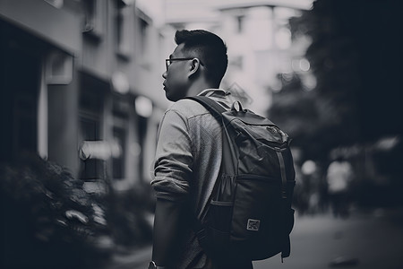 男子背着背包穿过城市背景图片