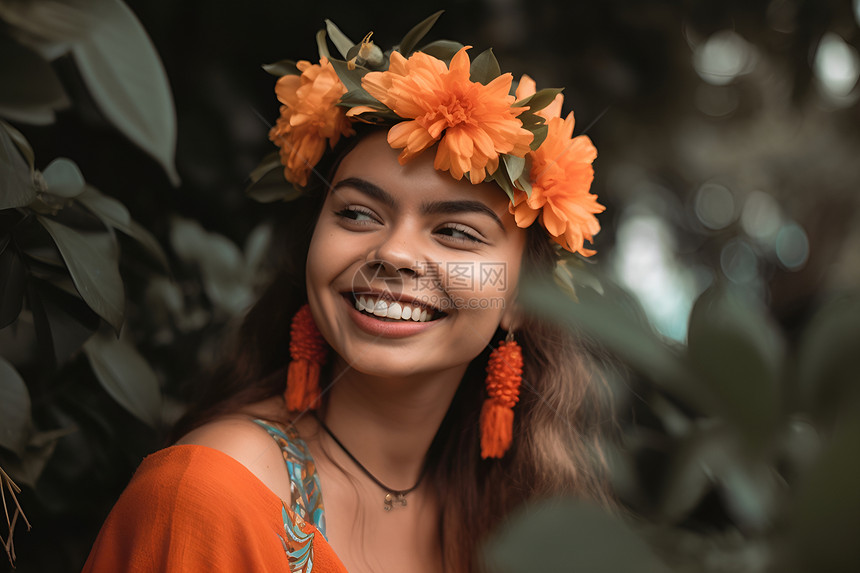 女性戴着橙色花冠微笑图片