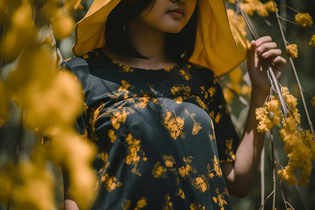 被黄花围绕的女子背景图片