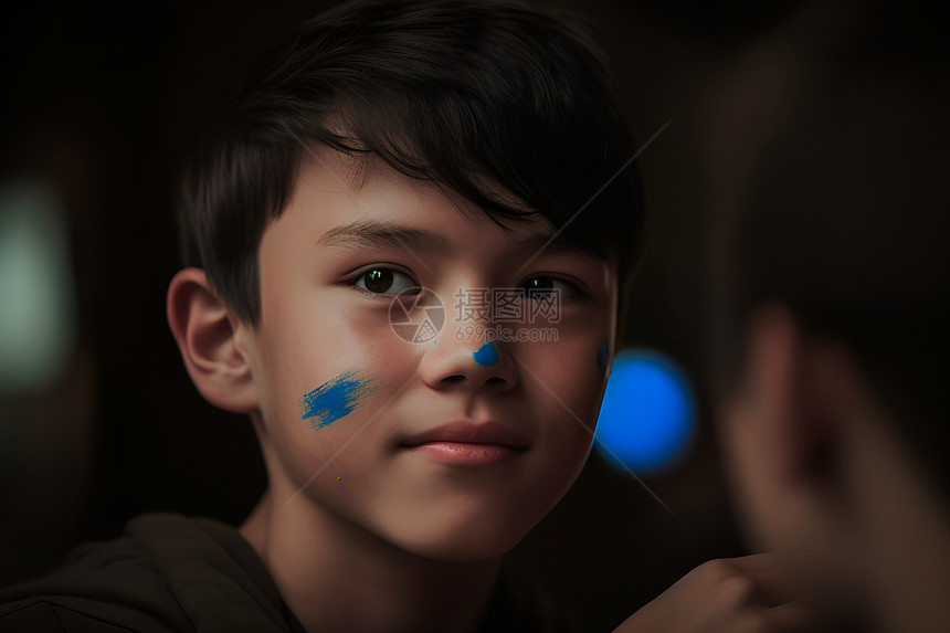 男孩脸上有蓝色油漆图片