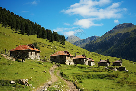 山间小屋景色壮丽背景图片