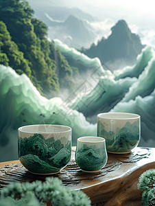山脉中的山水茶杯背景图片