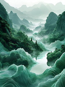 云雾中的流动河流背景图片