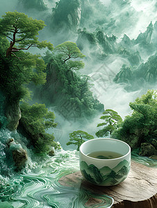 岩石流水山脉岩石上的茶杯插画