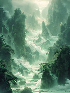 云雾山脉中的流水背景图片