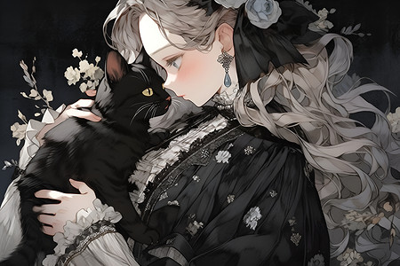 抱着黑猫的漂亮女性背景图片