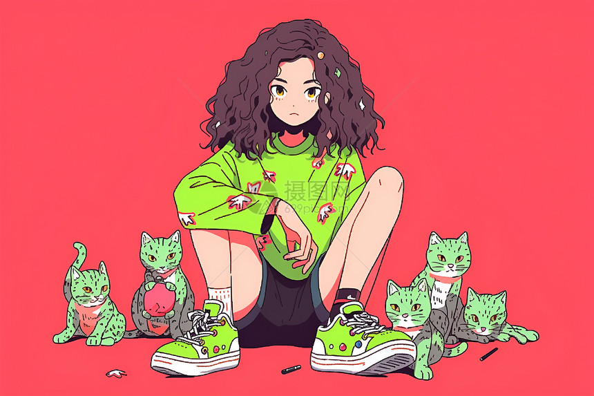 绿色衣服的插画女性图片